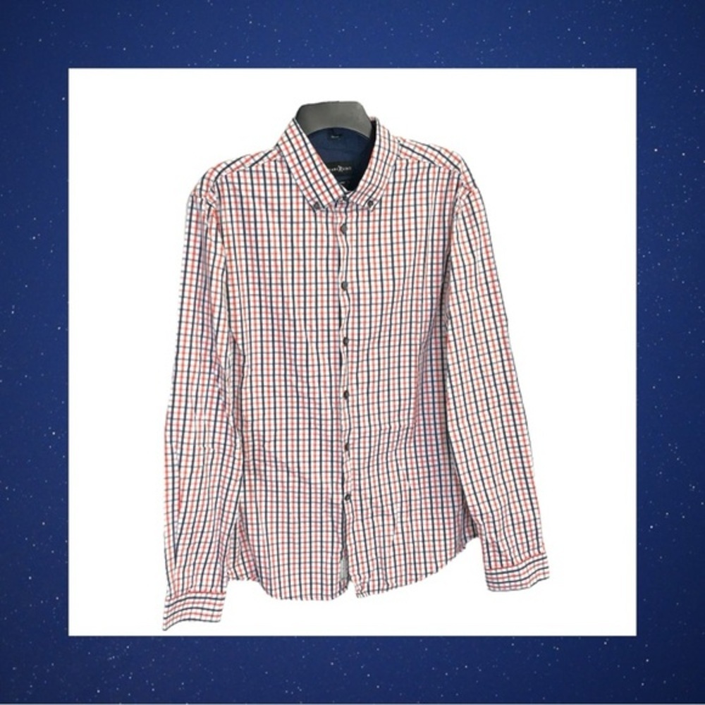 Marc Ecko White Navy, Orange Plaid Slim Fit Button Shirt Men Large